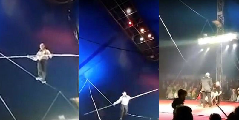 Homem cai de corda bamba a 10m de altura, se levanta. Veja o vídeo