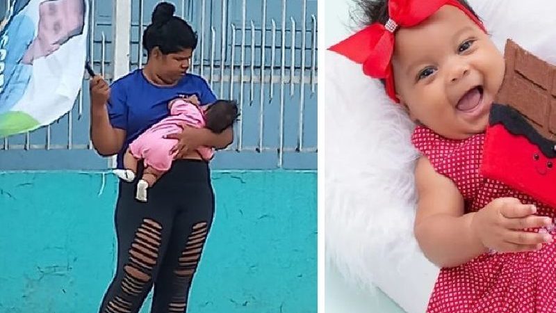 Internautas ajudam mãe solo que amamenta filha enquanto trabalha como bandeirinha eleitoral