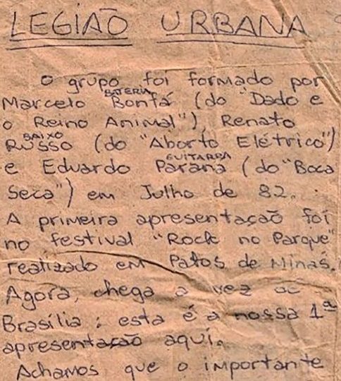 Músico Marcelo Bonfá compartilha reflexões de Renato Russo escritas em papel de pão sobre primeiros shows da Legião Urbana